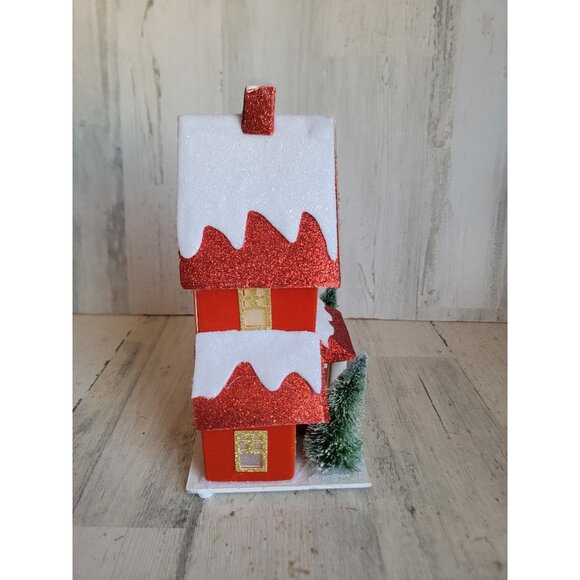 Red Xmas glitter house snow pine tree table top home decor light up - Picture 3 of 7